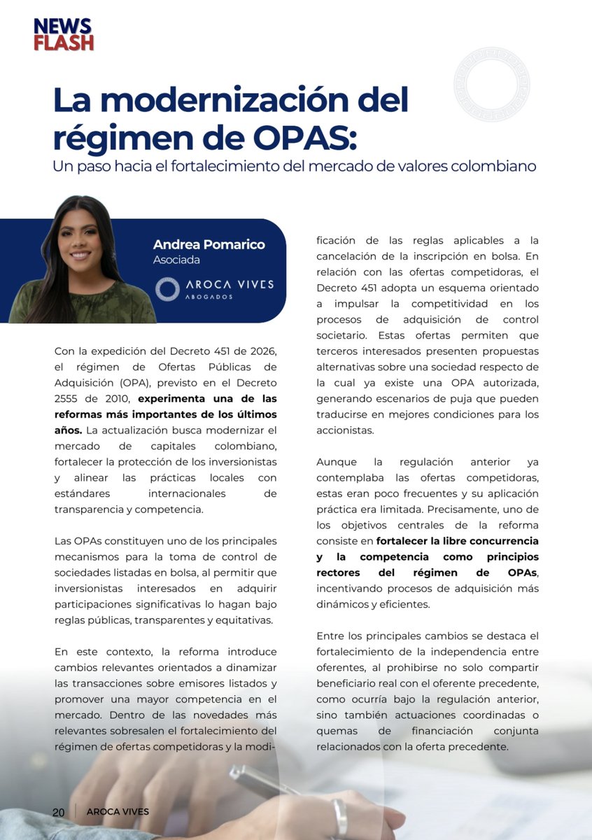 ArocaVives's tweet photo. La modernización del régimen de OPAs.  

Con la expedición del Decreto 451 de 2026, se introducen cambios relevantes  el mercado de valores colombiano.  

Leer: https://t.co/AbdjWJHbK5

#arocavivesabogados https://t.co/fRMS5pRFoR