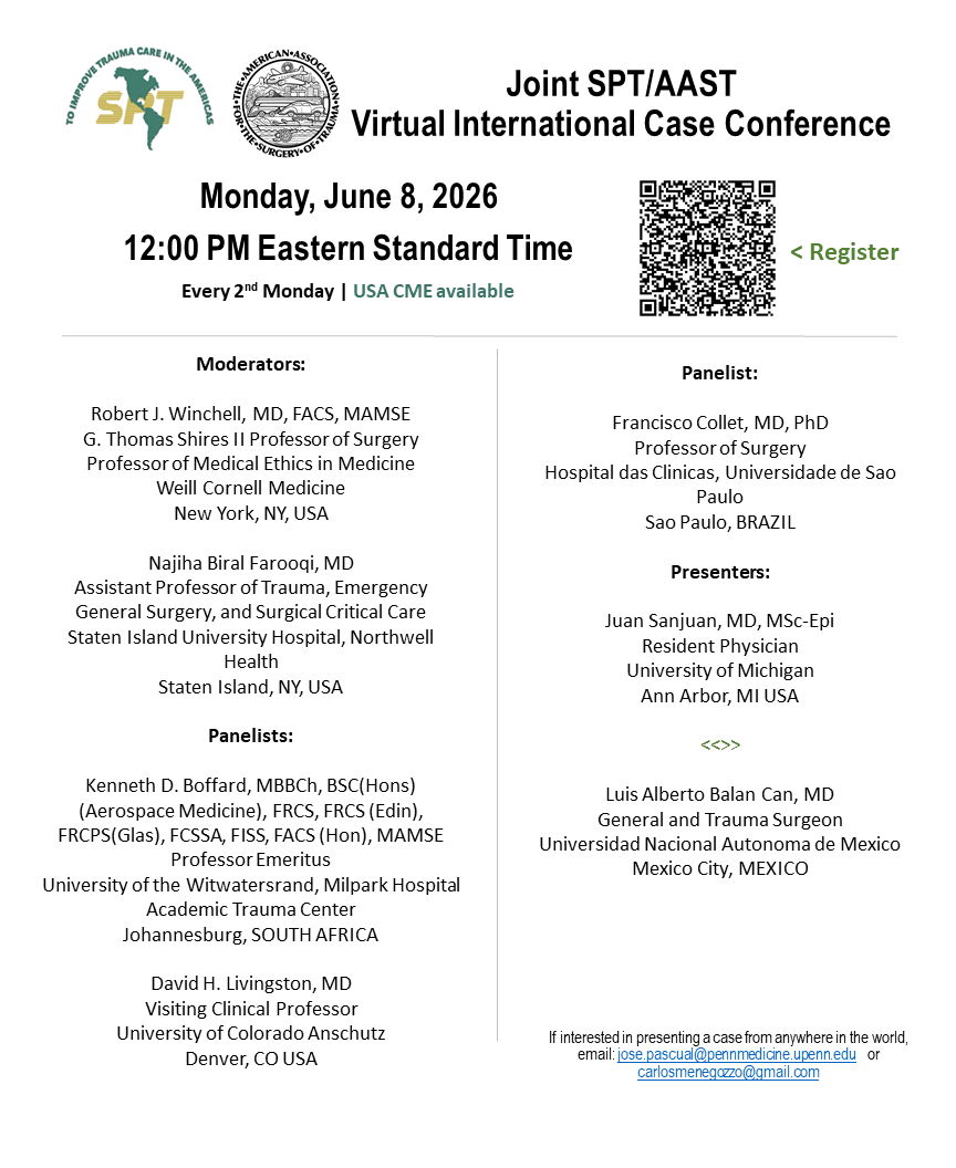 Panamtrauma's tweet photo. PTS/AAST Virtual International Case Conference, June 8 , 2026, at noon EST.
Zoom Meeting at: https://t.co/fk6NO0l6h6, Meeting ID: 930 0398 9518, Passcode: 604216.
More Info. https://t.co/ntmHE3mZlO
Check your local time before joining the meeting: Visit https://t.co/SWw0FTl4k1 https://t.co/ywT78x9bKJ