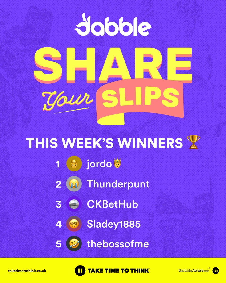 dabblecouk's tweet photo. Congrats to this week's Share Your Slips winners!

@JordoBets 
@KieronD72109231 
@CKBetHub 
@sladey1885 
@Pears321 

£10 in Free Bets each to heal your Acca heartbreak 💔

18+. https://t.co/jn29VFGErH https://t.co/jIfCcMW4WD