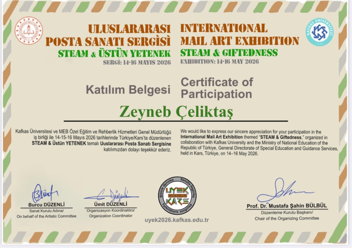 catalcabilsem's tweet photo. 14 Ülke • 218 Katılımcı • 232 Eser
Uluslararası STEAM &amp; Üstün Yetenek Posta Sanatı Sergisi 

🎉🎊ÜYEK 2026 (XI. Üstün Yetenekliler Eğitim Kongresi) Mailart (Posta Sanatı) kataloğundayız 

Öğretmenimiz Sevil Polat’a teşekkür ederiz💐

@tcmeb @MebOrgm @istanbulilmem @catalca_mem https://t.co/vOFYptQPgR