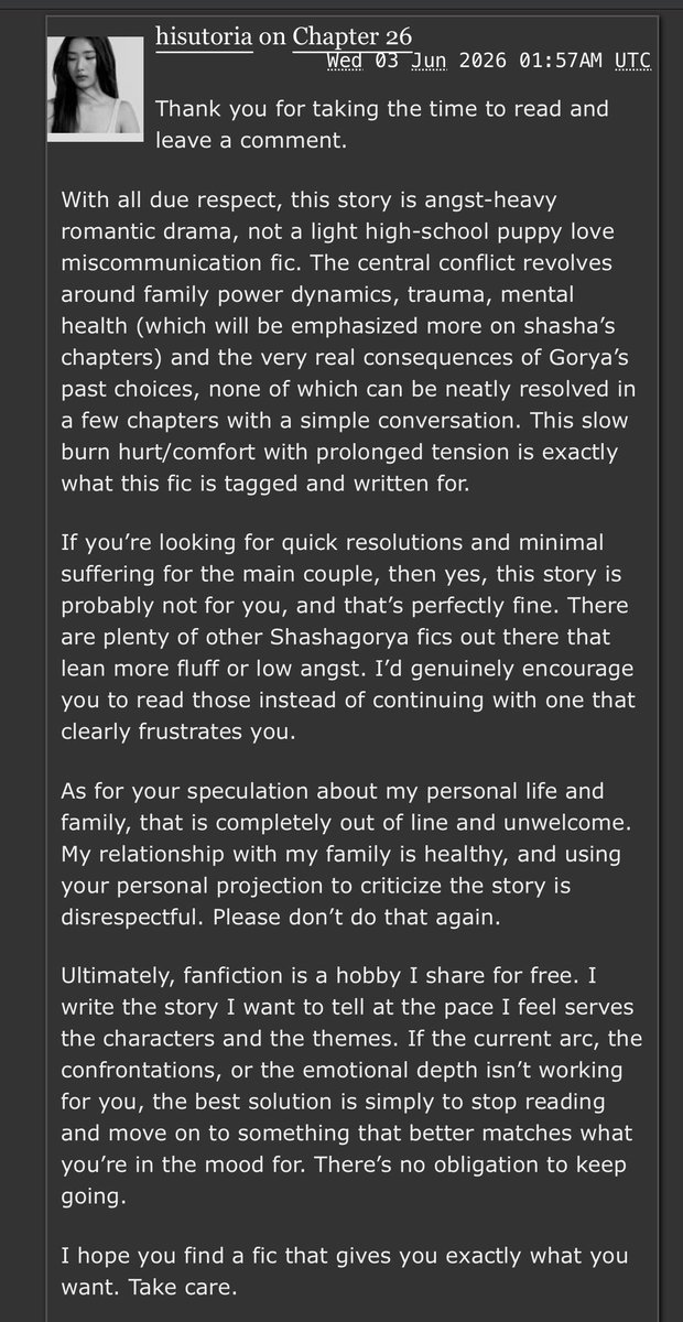 suningojo's tweet photo. Some readers’ sense of entitlement and their ability to be complete assholes never cease to amaze me

Colors has already been planned &amp; outlined up to the end. I’m not changing it just because you can’t handle the real problems/conflict and angst that come with the climax 

(1/3) https://t.co/R12l0scXjG