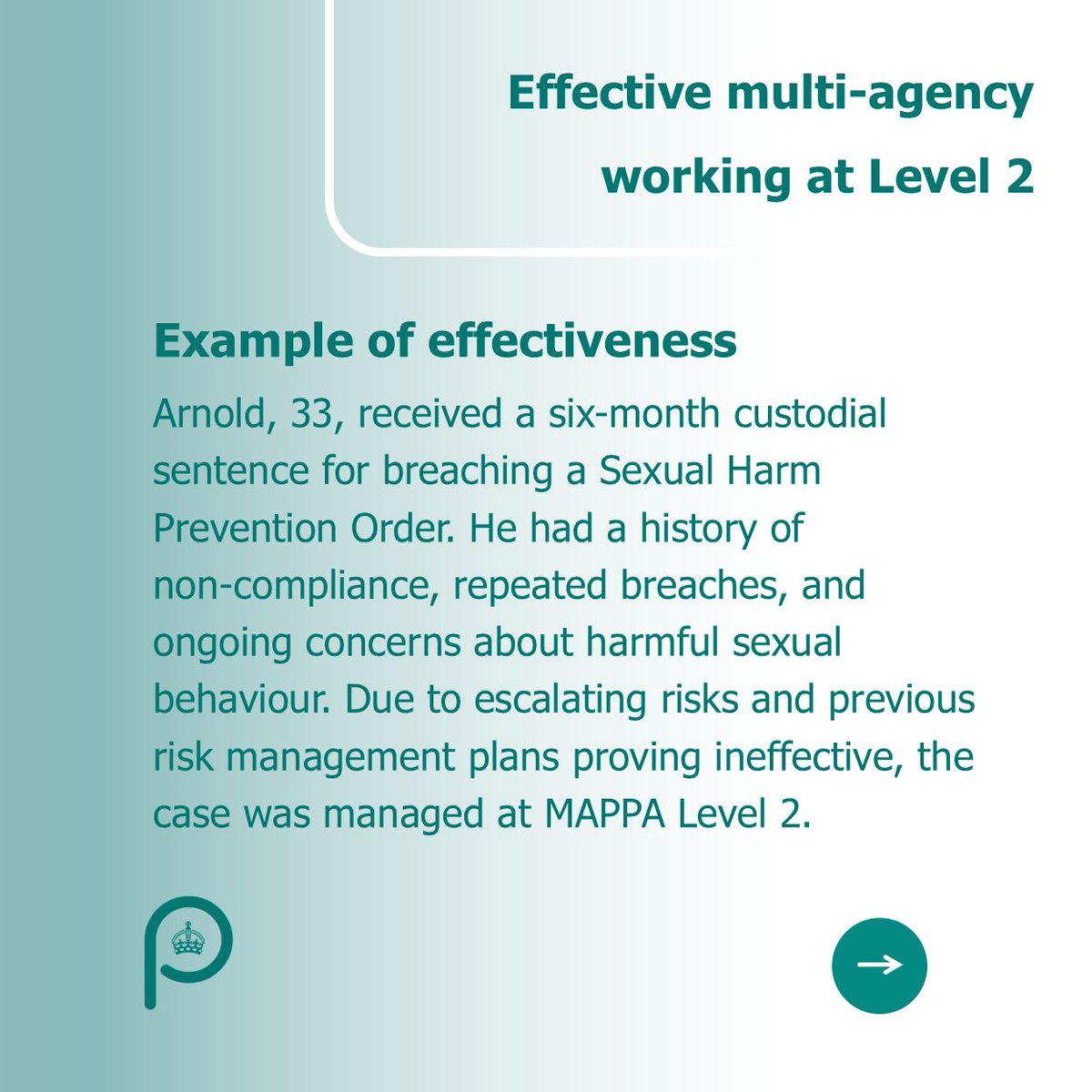 HMIProbation's tweet photo. This week we’re highlighting effective examples of MAPPA in practice. This case demonstrates how Level 2 MAPPA adds value when risks cannot be managed at a lower level. It demonstrates highly effective joint working, appropriately overseen by MAPPA, to prevent further offending. https://t.co/Yiivx7j66l