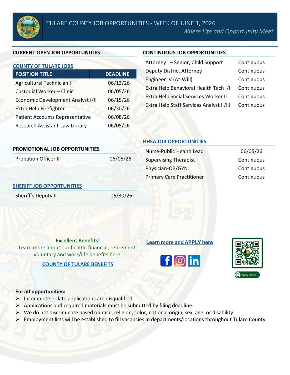 CountyofTulare's tweet photo. Looking for a new career opportunity? Tulare County has options for you!

Search openings now at https://t.co/LBcoMJjcV8

#TulareCounty #nowhiring #jobopenings #workhere https://t.co/t3gfuEasAA