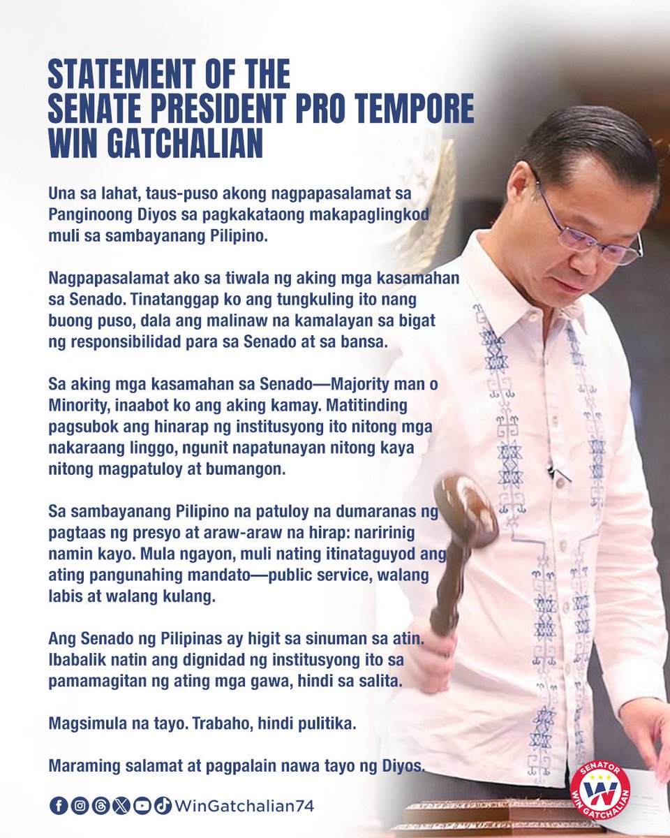 WinGatchalian74's tweet photo. Muli nating itinataguyod ang ating pangunahing mandato—public service, walang labis at walang kulang.

Magsimula na tayo. Trabaho, hindi pulitika. https://t.co/btM25iJD0O