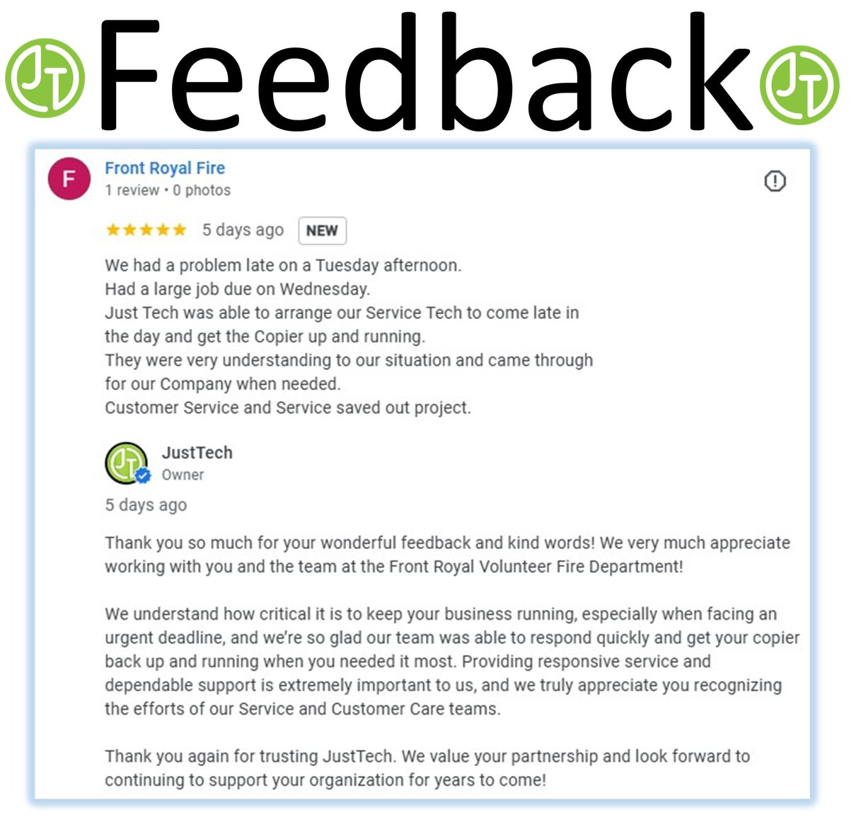 1justtech's tweet photo. Check out a recent review a client left for us on our Google page! Thank you to our team members for proving excellent service and for our clients for sharing their experiences! https://t.co/VeQOSCmh8y