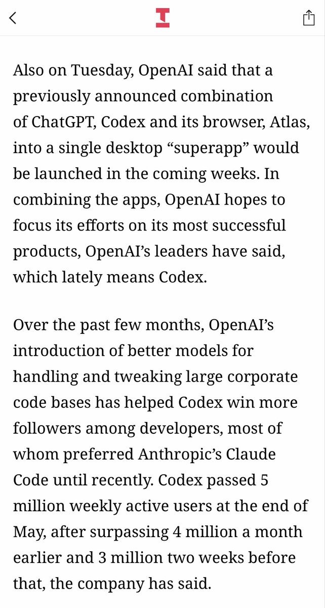 FarAICoder's tweet photo. openai merges chatgpt codex and atlas into one desktop superapp

> 5 million weekly codex users now
> enterprise revenue up 50% week over week
> daily usage growth hits 5%

this shift kills the coding tool standard

219 https://t.co/wdudFngrw2