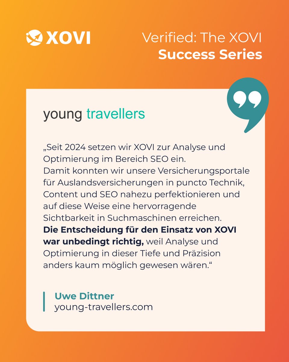 xovitool's tweet photo. 🛡️ „Eine Analyse in dieser Tiefe wäre sonst kaum möglich gewesen“
Lerne Uwe Dittner kennen – unseren Featured Expert der aktuellen Verified: The XOVI Success Series. Mit Fokus auf technische Perfektion hat er die Sichtbarkeit seiner Reiseversicherungsportale deutlich gesteigert https://t.co/kCqXl3xWMw