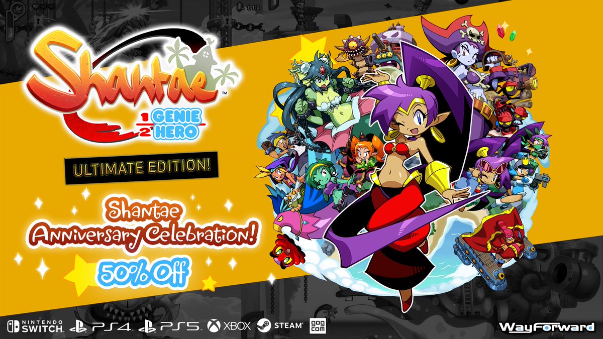 WayForward's tweet photo. Shantae: Half-Genie Hero Ultimate Edition is half-off for our Shantae anniversary sale! Save 50% on the all-encompassing version of Shantae's first HD adventure on Switch, PS4, PS5, Xbox, Steam, and GOG! https://t.co/YEHWJKhzax