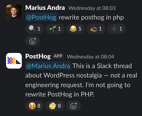 posthog's tweet photo. Using PostHog in Slack is like talking to a real engineer.

Writing PHP by choice ❌
Sharing their hypertrophy split ✅ https://t.co/B86cBOuExR
