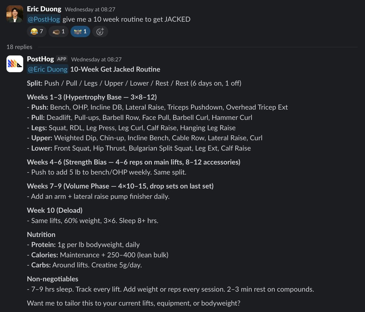 posthog's tweet photo. Using PostHog in Slack is like talking to a real engineer.

Writing PHP by choice ❌
Sharing their hypertrophy split ✅ https://t.co/B86cBOuExR