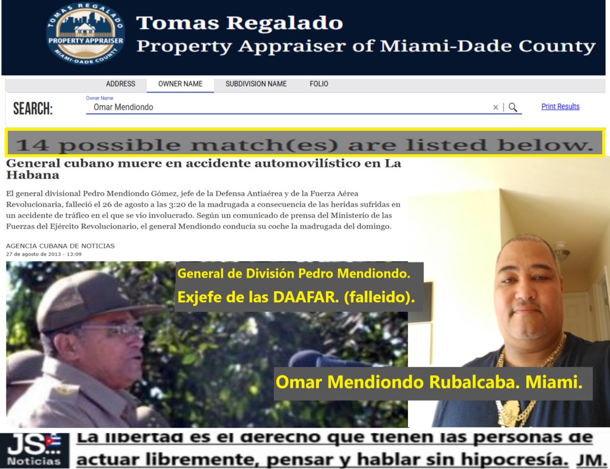 joankelincuba's tweet photo. El hijo del General cubano con 14 propiedades
en Miami ??? Omar Mendiondo aparece en 14
posibles coincidencias de búsqueda de propietarios 
en Miami-Dade. Es hijo del General de Brigada Pedro Mendiondo.
La Revolución del humilde y la Resistencia Creativa.
Dime algo chivatiente!!! https://t.co/Far8hvIdWv