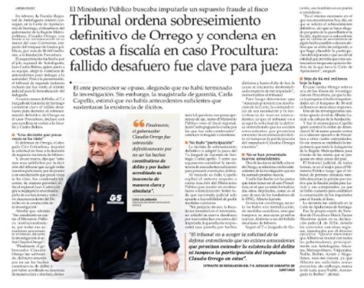 pepe_auth's tweet photo. La Fiscalía trapeó con el gobernador de la Región Metropolitana Claudio @Orrego por largo tiempo y no logró implicarlo en el caso Procultura. Tan categórico fue el fallo de la Justicia q la Fiscalía tendrá q pagar los costos del proceso judicial. Del daño moral ni hablar https://t.co/rlKBTvVJ5g