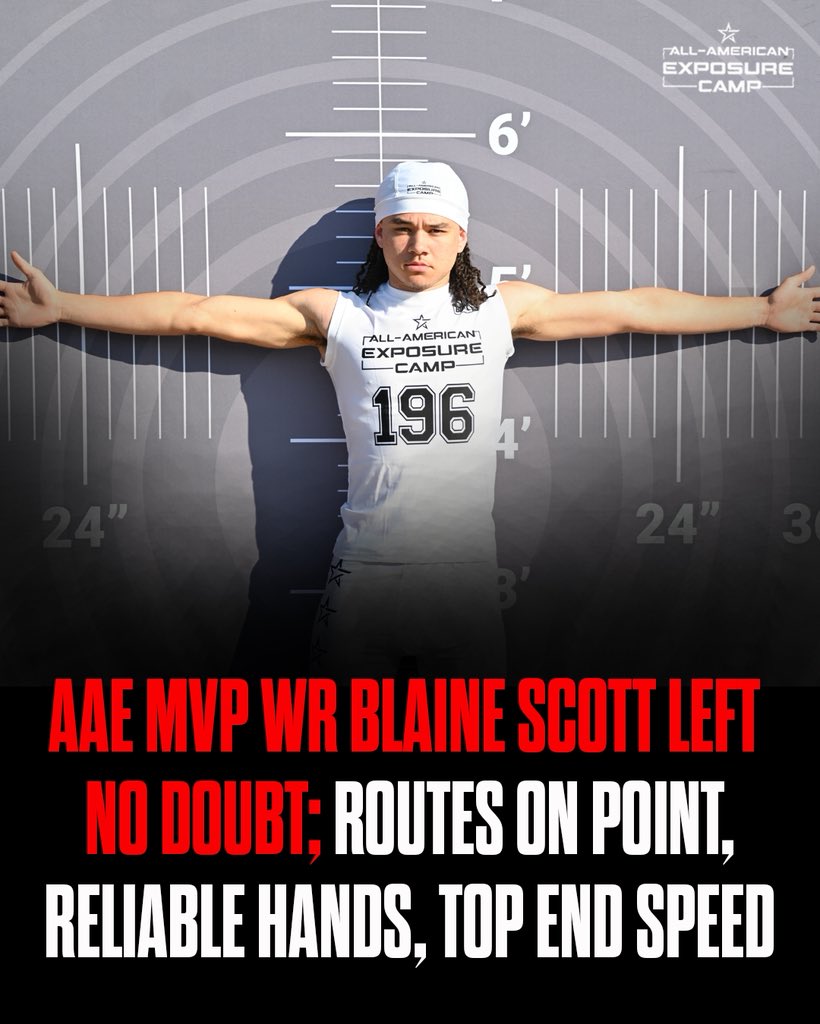 AAECamp's tweet photo. Different gear. Different timing. Different receiver. ⚡️
 Blaine Scott left no doubt at AAE Camp, dominating reps and earning MVP honors with a complete WR performance. 

#AAECamp 
#AAEBirmingham 
#WherePlaymakersFinish 
#MVP https://t.co/2ivyD6s8Ue