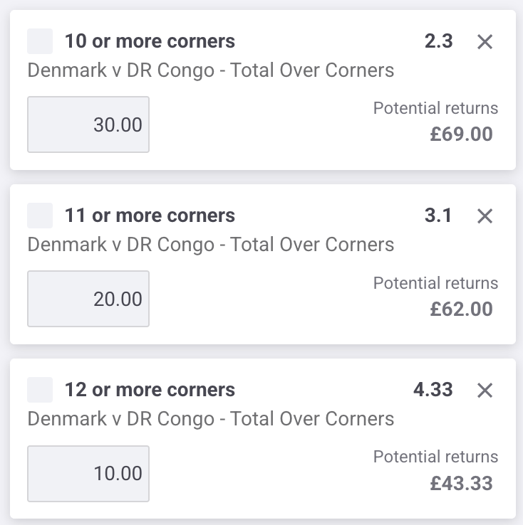 WolfsTips's tweet photo. 🇩🇰 Denmark v DR Congo 🇨🇩

Corners ladder on Paddy Power 🪜

10+ @ 2.3
11+ @ 3.1
12+ @ 4.33 https://t.co/qH2EcoxOWb