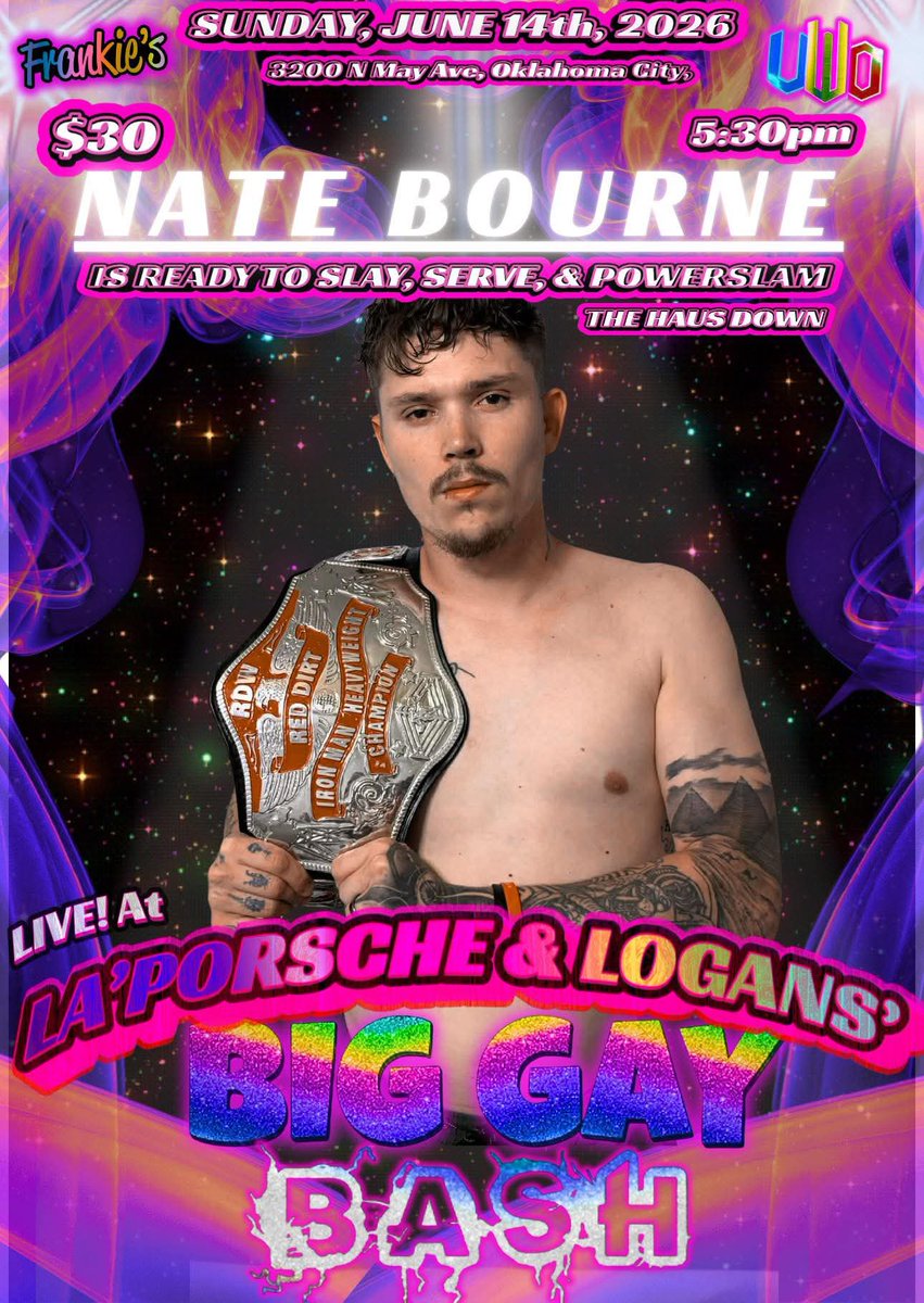 LoganKnightPro's tweet photo. ✨🪩TALENT ANNOUNCEMENT🪩✨

The RDW iron man champion is looking to steal the show

Nate Bourne is ready to powerslam, slay, and serve the haus down at Big Gay Bash!

Tickets available through cashapp at: $uwoklahoma

#LLBGB #prowrestling #drag #okcpride #UWO https://t.co/rleDrg2Wg5