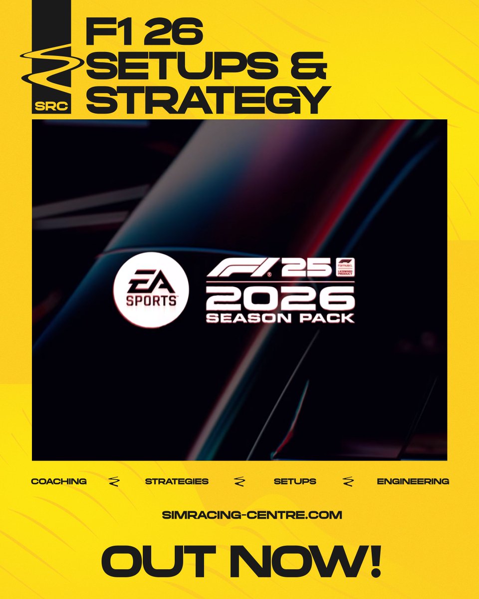 CentreSimracing's tweet photo. F1 25: 2026 SEASON PACK - OUT NOW! 🥳

✅New cars 
✅New track 
✅New handling 
✅New Rules 

But the same world class Setups and Strategies!

Get your @EASPORTSF1 Setups TODAY! 

#F125SeasonPack #F1 #Simracing #racing https://t.co/adcIP898pJ