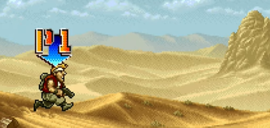 COTW_SNK_NeoGeo's tweet photo. A curious detail is hidden in the Japanese #NGCD manual for #MetalSlug2: on page 15, there's a screenshot taken from a pre-release version of the game. It shows Marco piloting the Camel Slug right at the beginning of the 1st mission! #SNK #NeoGeo https://t.co/vo41yuGPvT