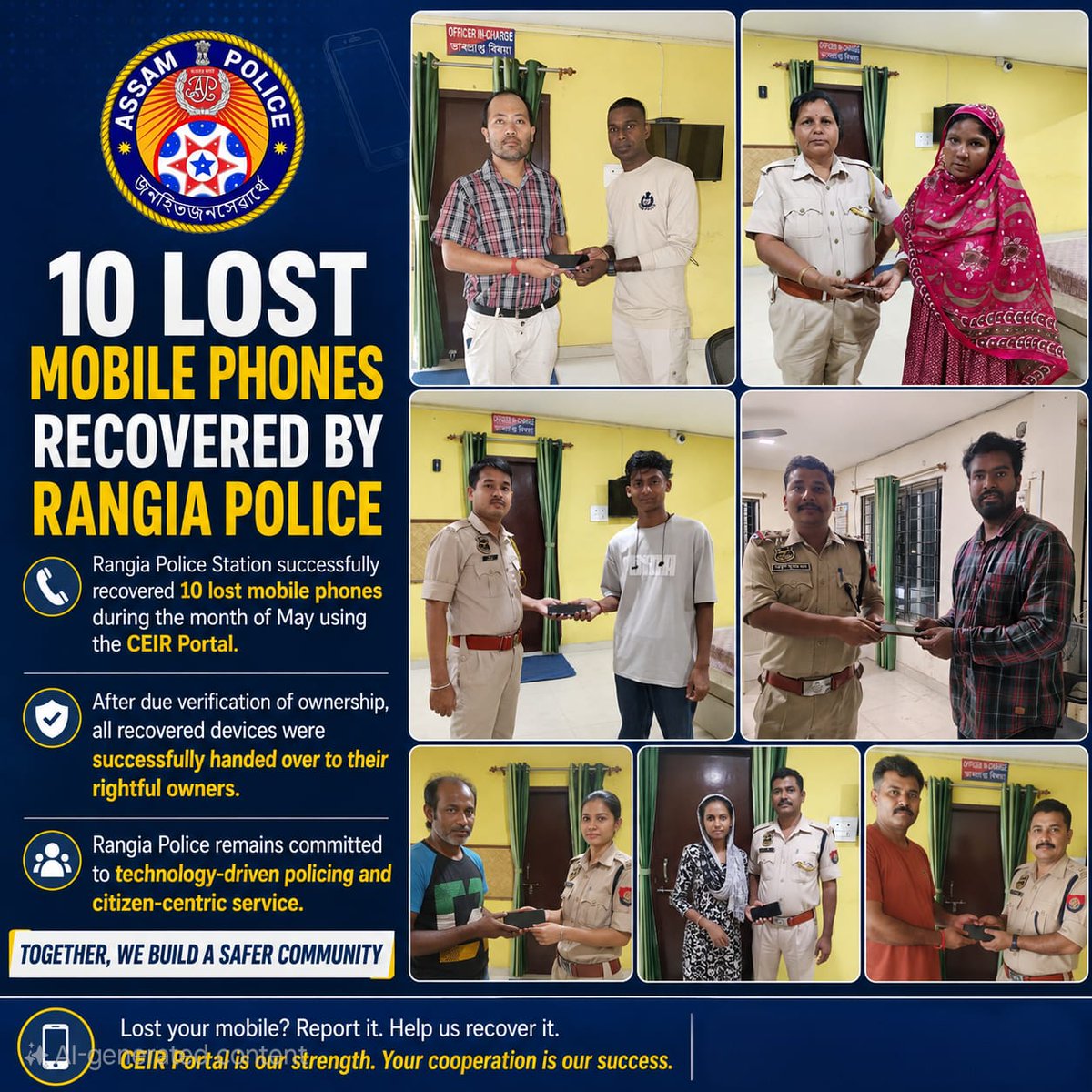 KamrupPolice's tweet photo. 📱 Rangia Police Recovered 10 Lost Mobile Phones 📱

With the help of the CEIR Portal, Rangia Police recovered 10 lost mobile phones during May and returned them to their rightful owners after verification. ✅
@DGPAssamPolice @assampolice @CMOfficeAssam @himantabiswa https://t.co/hM7puGiuFY