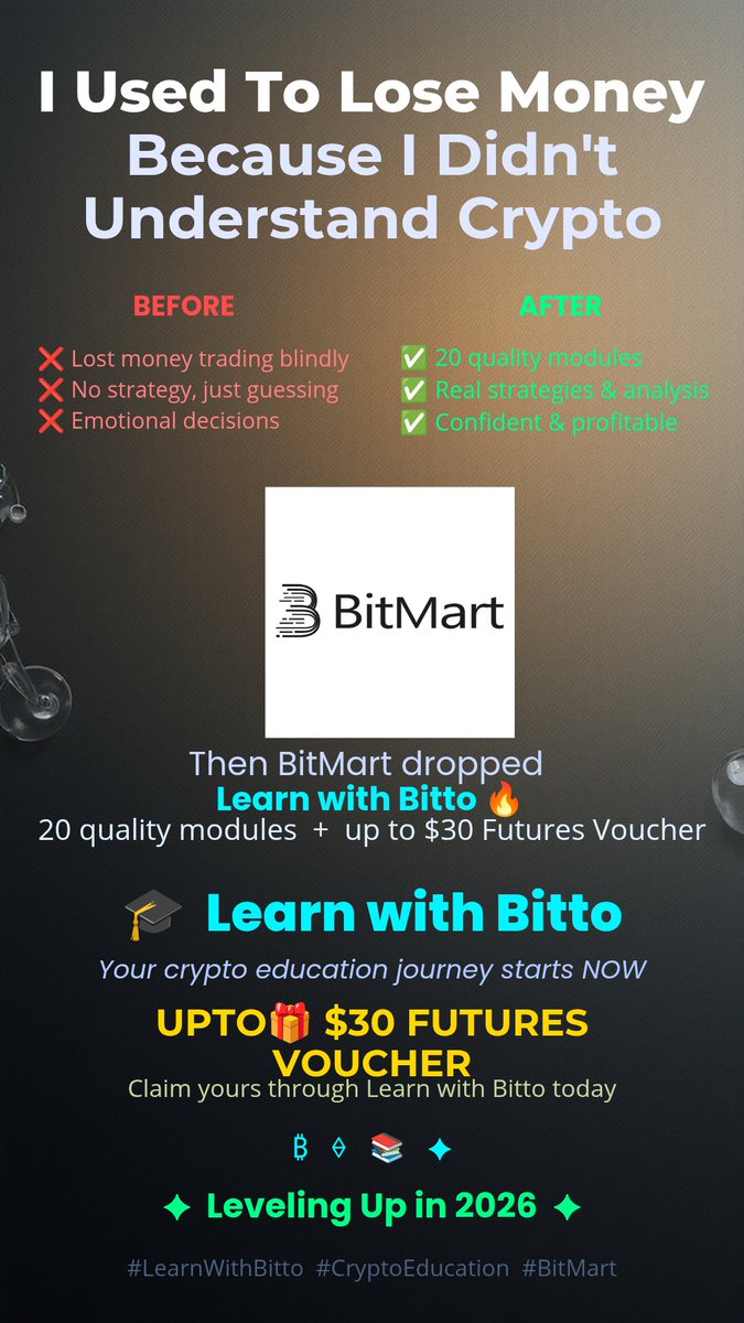 xAI2_0's tweet photo. I used to lose money because I didn’t understand crypto.
Then BitMart dropped Learn with Bitto.
Now I’m learning  20 modules of crypto properly 
 They’re running a campaign where you complete modules + deposit=upto $30 Futures Voucher
Get better at crypto in 2026
Link below 👇 https://t.co/quelKzr3aW