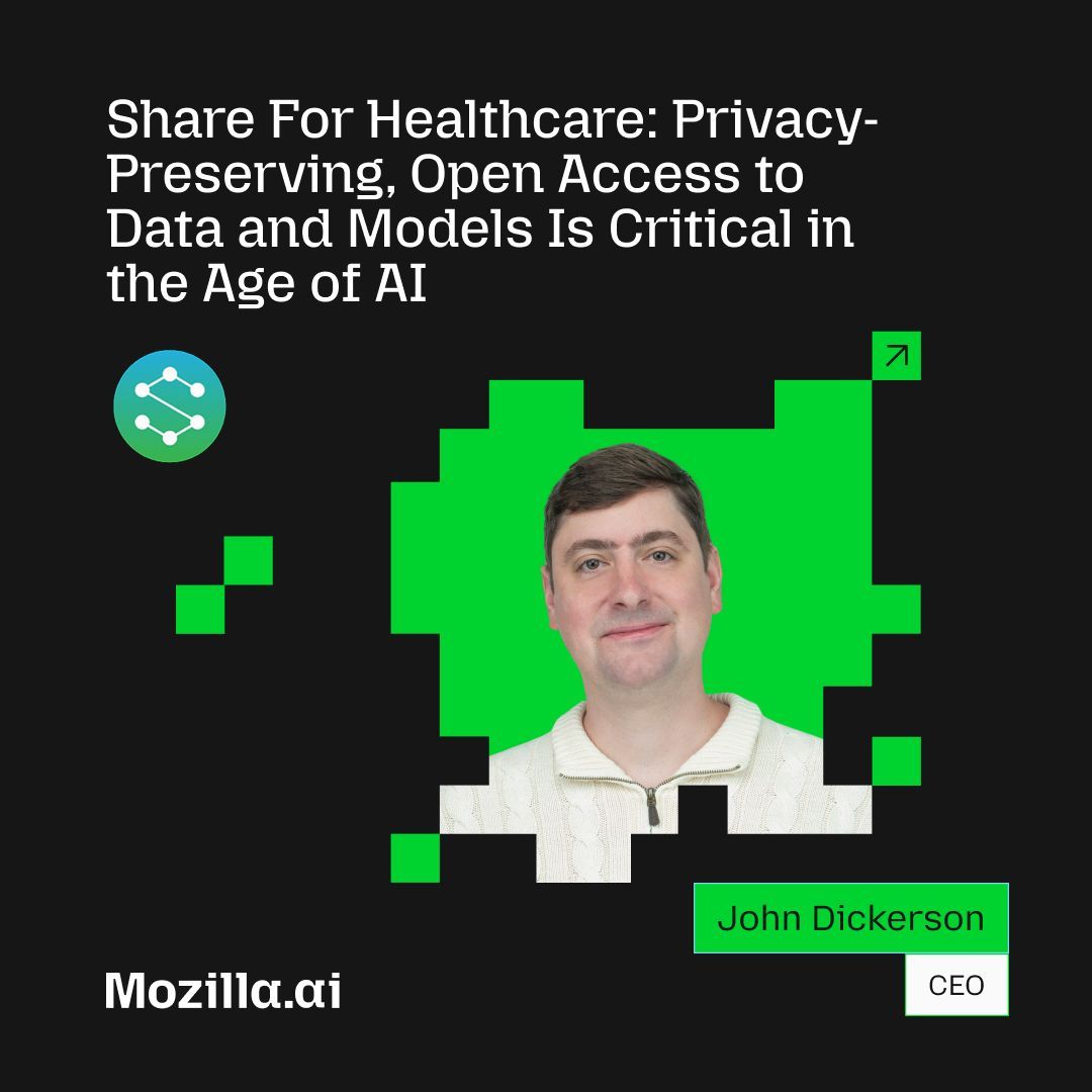 MozillaAI's tweet photo. Can healthcare organizations build better AI without sharing sensitive patient data?

On June 10 at SIIM26 (@SIIM_Tweets), @johnpdickerson, CEO of @MozillaAI, will share how institutions can collaborate on AI models while keeping patient and provider data local and secure.

📍 Pittsburgh, PA
🗓️ June 10

See the session: https://t.co/RQrWEK2G8u