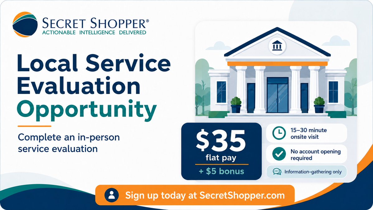 SecretShopper's tweet photo. Local service evaluation opportunity 📝

Flat pay: $35 + $5 bonus
Quick 15–30 minute onsite visit
 No account opening required

Sign up today: https://t.co/0ZMZBz5nyw https://t.co/Geo0YQDGdt
