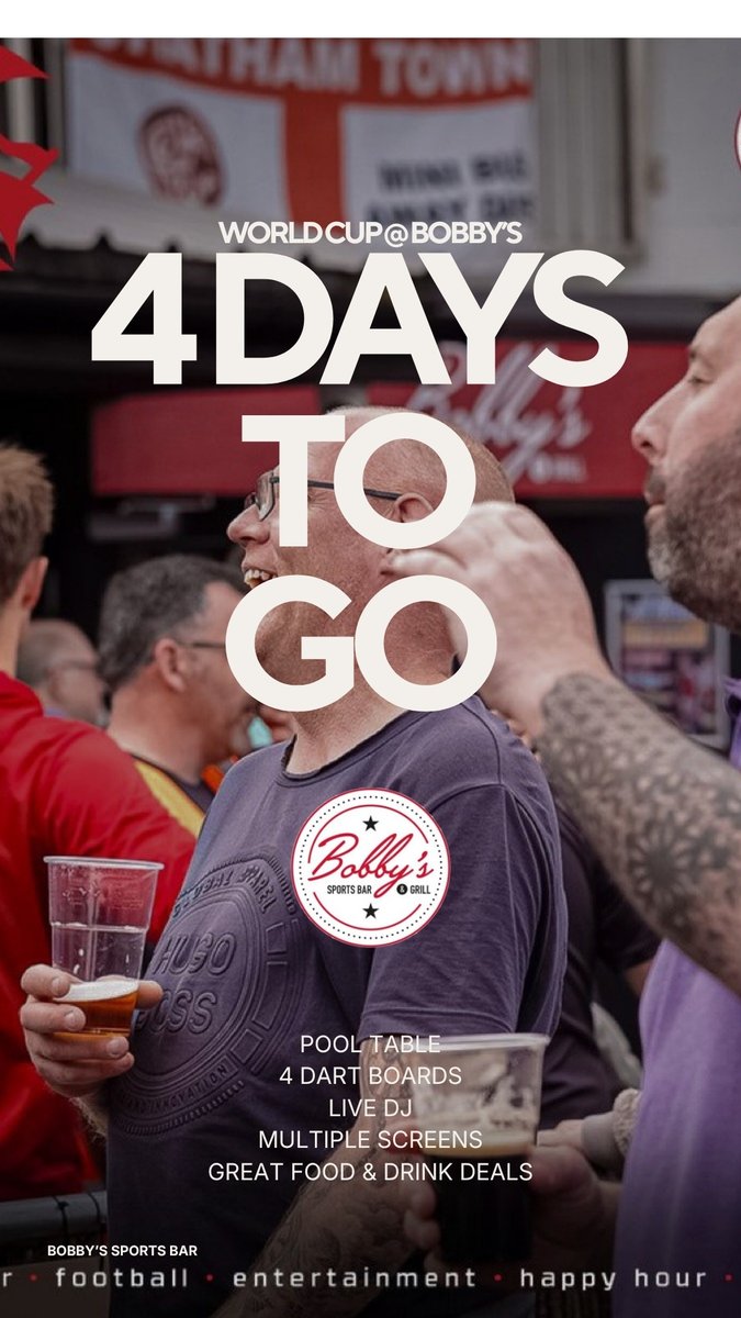BobbysSportsBar's tweet photo. 🍔⚽ Bobby's matchday menu is ready. 

And at Bobby's, the food is as good as the football. Great food deals running throughout every England fixture this summer — so come hungry and leave happy!

Tickets from £5!🏴󠁧󠁢󠁥󠁮󠁧󠁿🏆 

🎟️ Don't leave it late -Book now!
https://t.co/Bgs8gBIqU7 https://t.co/0YlzP2XBsQ
