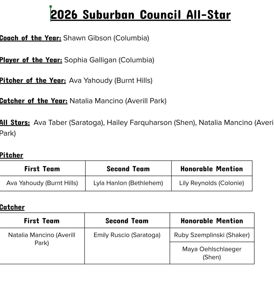 518Softball's tweet photo. Here are your 2026 Suburban Council All Stars https://t.co/BDmneFgd8M