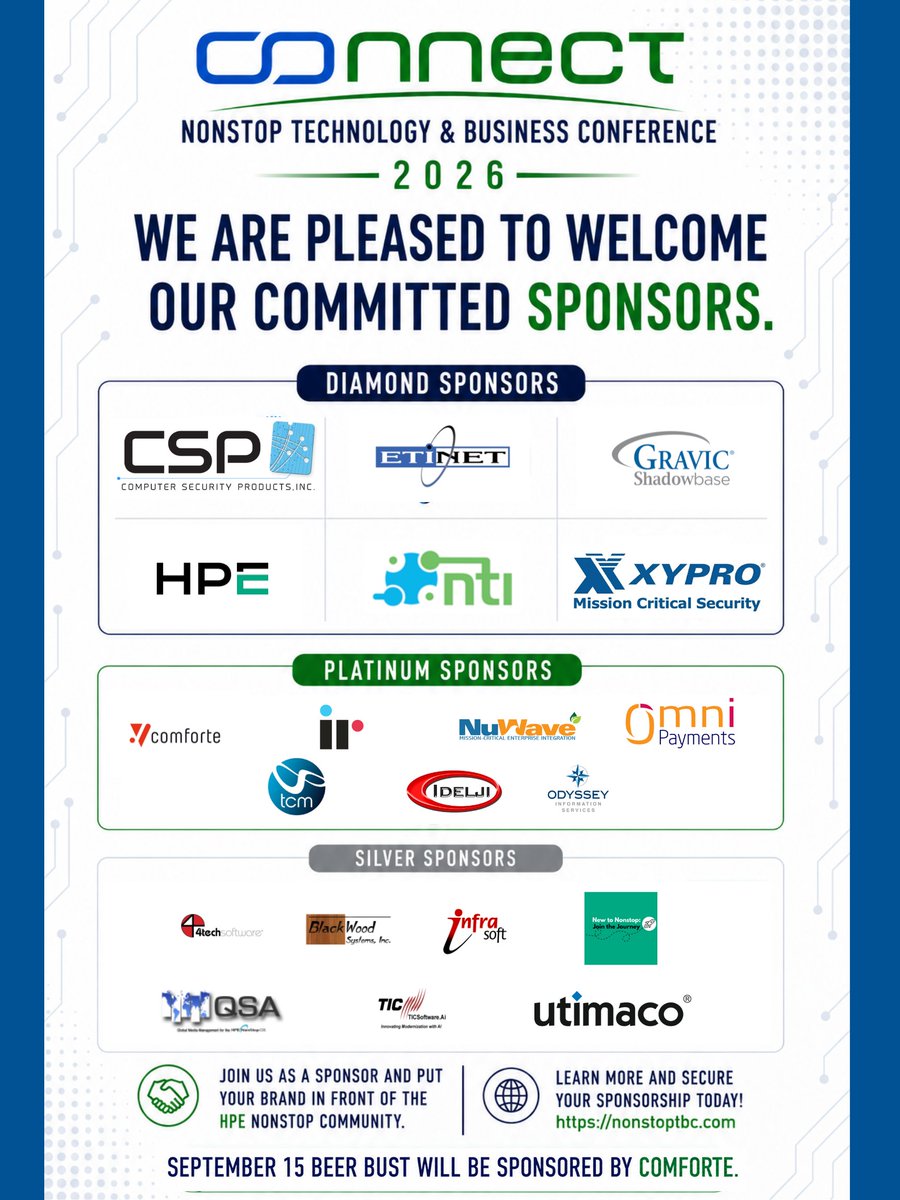 Connect2NonStop's tweet photo. Thank you to our #NonstopTBC2026 sponsors! Your support makes this community possible. 🍺 And thank you to @comforte for sponsoring the Opening Beer Bust at #NonstopTBC2026! First round's on them. Join us Sept 14–18 in Orlando. 🙌Sponsors in comments: https://t.co/aBHD6K1MiH https://t.co/WvgvVkxGRj