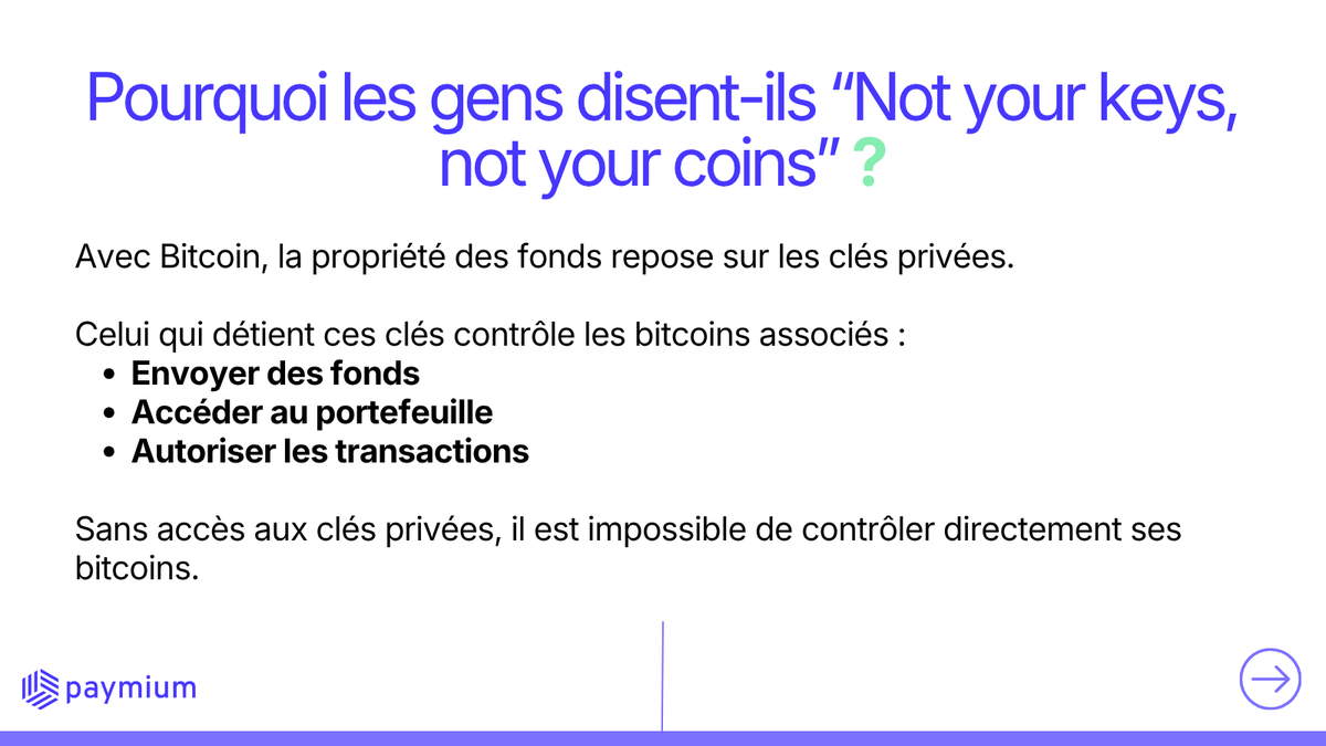 paymium's tweet photo. 💬 Vos questions sur Bitcoin : pourquoi les gens disent-ils “Not your keys, not your coins” ?

Sur Bitcoin, celui qui détient les clés privées contrôle les fonds associés.

Via une plateforme, les clés sont généralement conservées pour vous. En auto-détention, vous gardez le contrôle direct de vos bitcoins.

❓ Une autre question Bitcoin ? Posez-la en commentaire.