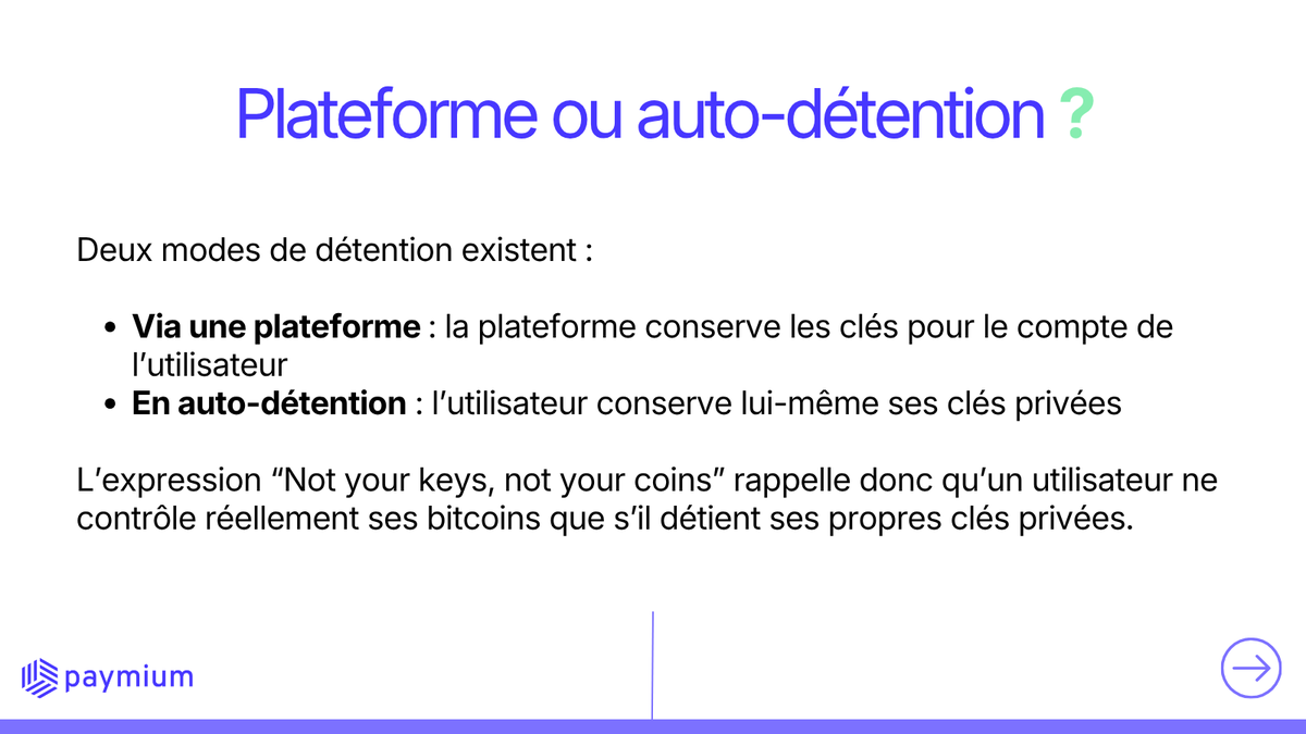 paymium's tweet photo. 💬 Vos questions sur Bitcoin : pourquoi les gens disent-ils “Not your keys, not your coins” ?

Sur Bitcoin, celui qui détient les clés privées contrôle les fonds associés.

Via une plateforme, les clés sont généralement conservées pour vous. En auto-détention, vous gardez le contrôle direct de vos bitcoins.

❓ Une autre question Bitcoin ? Posez-la en commentaire.