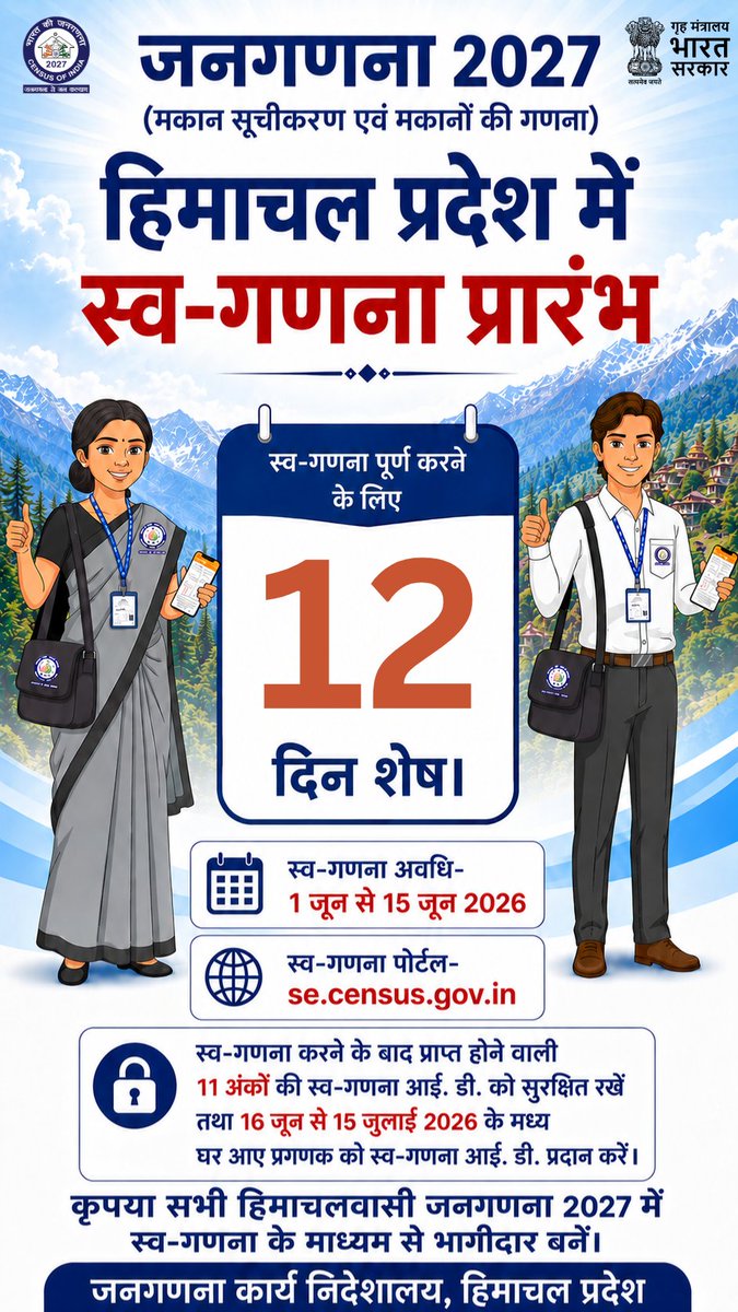 dcohimachal's tweet photo. क्या आप अपनी स्व-गणना पूर्ण कर चुके है? 
हिमाचल प्रदेश में शुरू हो चुकी है स्व-गणना। स्व-गणना पूर्ण करने हेतु मात्र 12 दिन का समय शेष है। आज ही https://t.co/1tJEw8IioV पर जाकर अपनी स्व-गणना पूर्ण करें।
हमारी जनगणना, हमारा विकास।
#census2027 https://t.co/FSuIWxcmc5