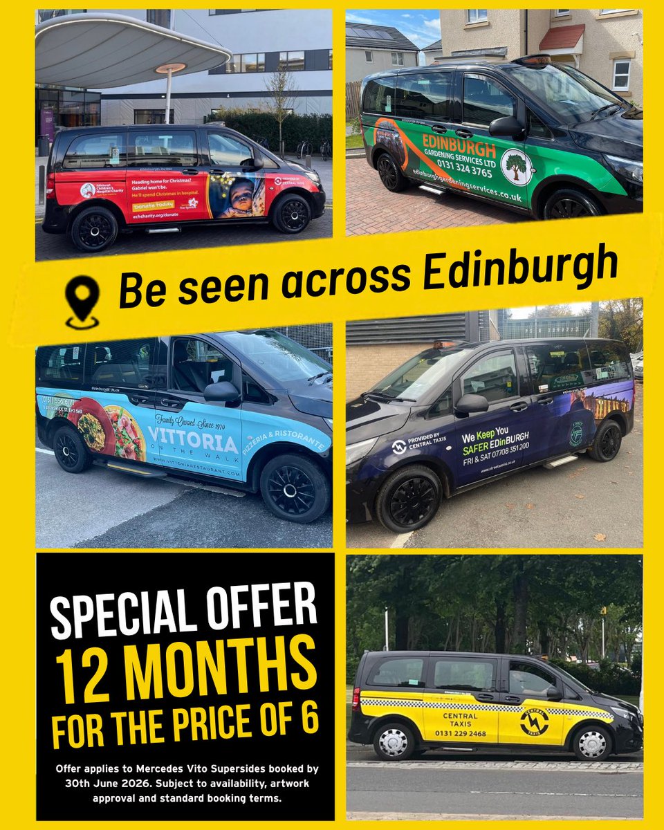CentralTaxisEd's tweet photo. 🚖 June Special Offer
12 months for the price of 6*
 
For a limited time, all Mercedes Vito Superside campaigns booked by 30th June will receive 12 months of advertising for the price of 6.
 
Get in touch to request a quote and discuss your campaign 👉 https://t.co/NXu4fS4m2E https://t.co/toiYcs0h8B