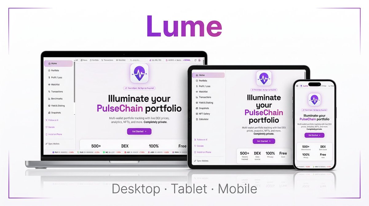 lumewebsite's tweet photo. Built something for PulseChain.⚡

No VC. No noise. Just a tool we actually needed.

Track any wallet.
Real PnL.
DeFi, tokens &amp; NFTs - all in one place.
No sign-up. 100% private.

This is just the beginning.
https://t.co/jK8iagA6Av https://t.co/jKK4jngupC