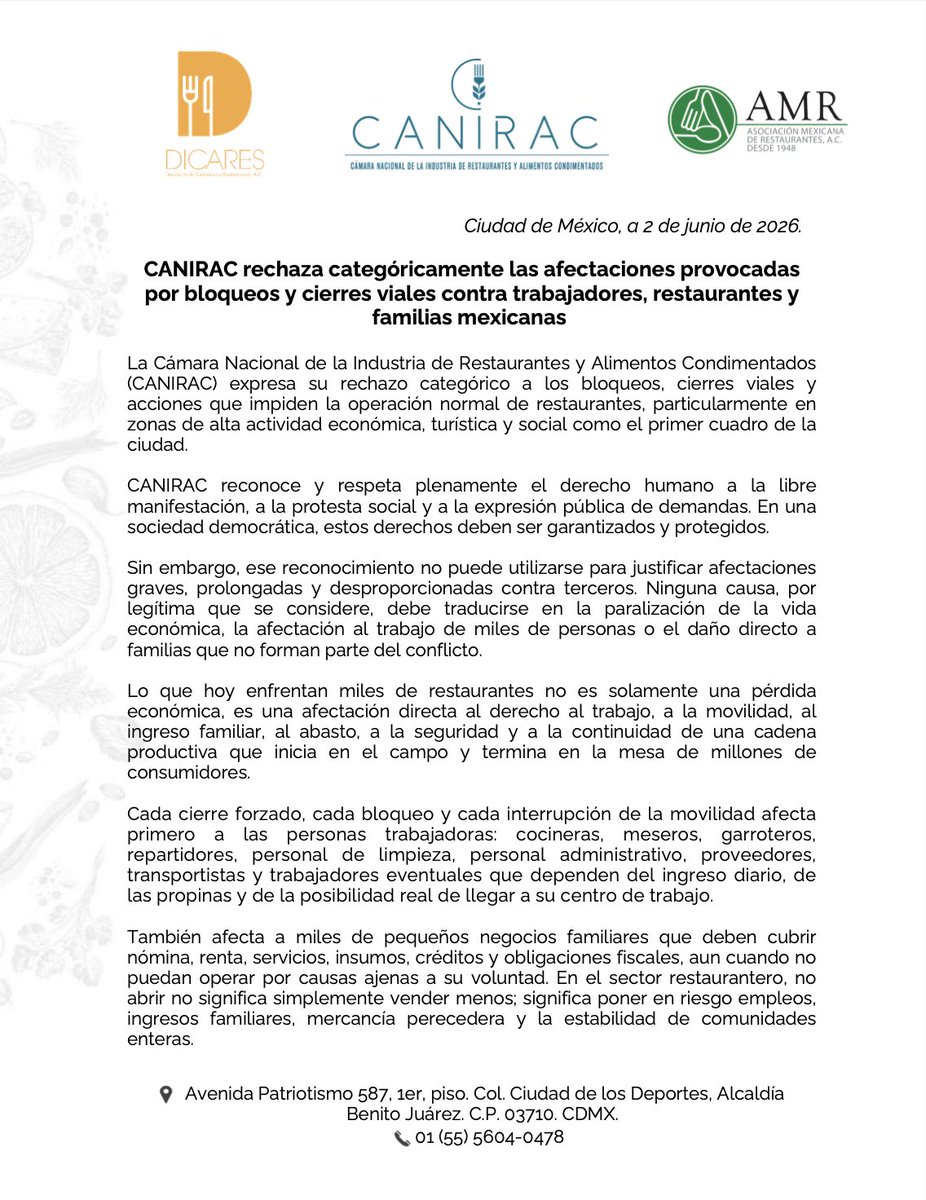 canirac's tweet photo. 📄 Posicionamiento conjunto de CANIRAC, DICARES y la @AMRrest sobre las afectaciones provocadas por bloqueos y cierres viales. https://t.co/7DWidLN8Sc