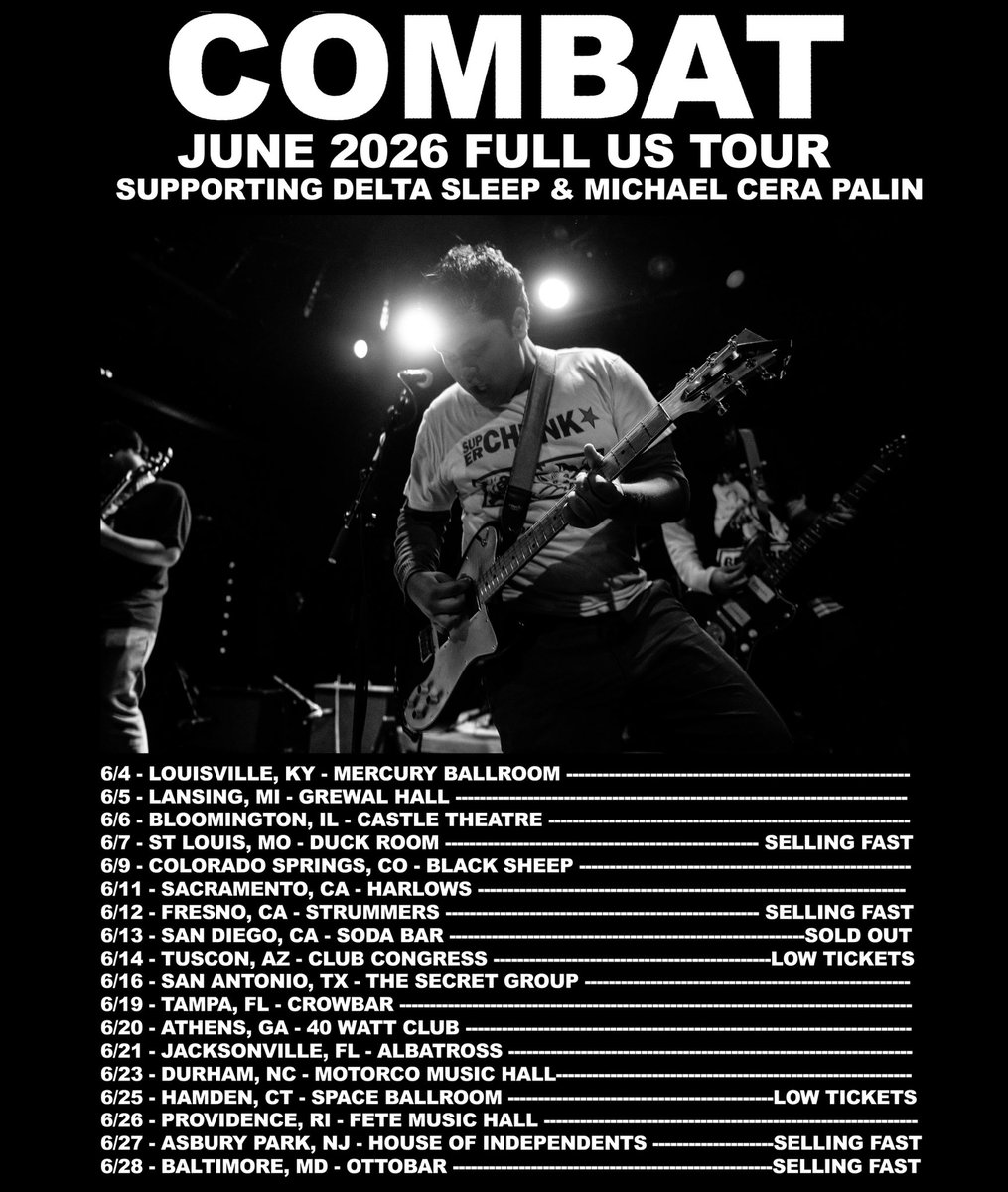 combatbaltimore's tweet photo. Hello we start this full US tour TOMORROW w Delta Sleep &amp; Michael Cera Palin. Playing 10 cities we’ve never been to. Coooome? https://t.co/RVLAfb3pee