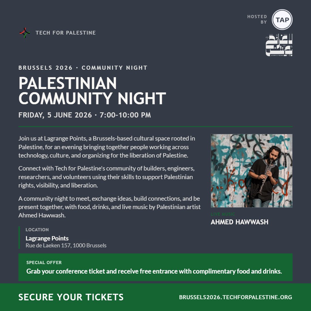 tech4palestine's tweet photo. A great conference is not complete without a few cool side events! If you're joining of on Saturday make sure you also join or community night on Friday hosted by TAP Careers, the after conference evening by @FilmPalestine and a nice Palestinian brunch on Sunday morning. https://t.co/02FiujwOAp