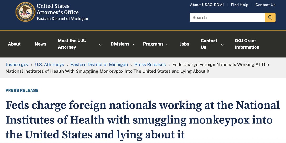 ChildrensHD's tweet photo. 🚨 NEW — 2 foreign nationals working at NIH smuggled Monkeypox into the U.S. 

“These @NIH experts apparently broke our laws by smuggling viral pathogens on a packed commercial airplane from an outbreak in the Republic of Congo. Let that sink in.” — U.S. Attorney Gorgon

Never a dull moment.
