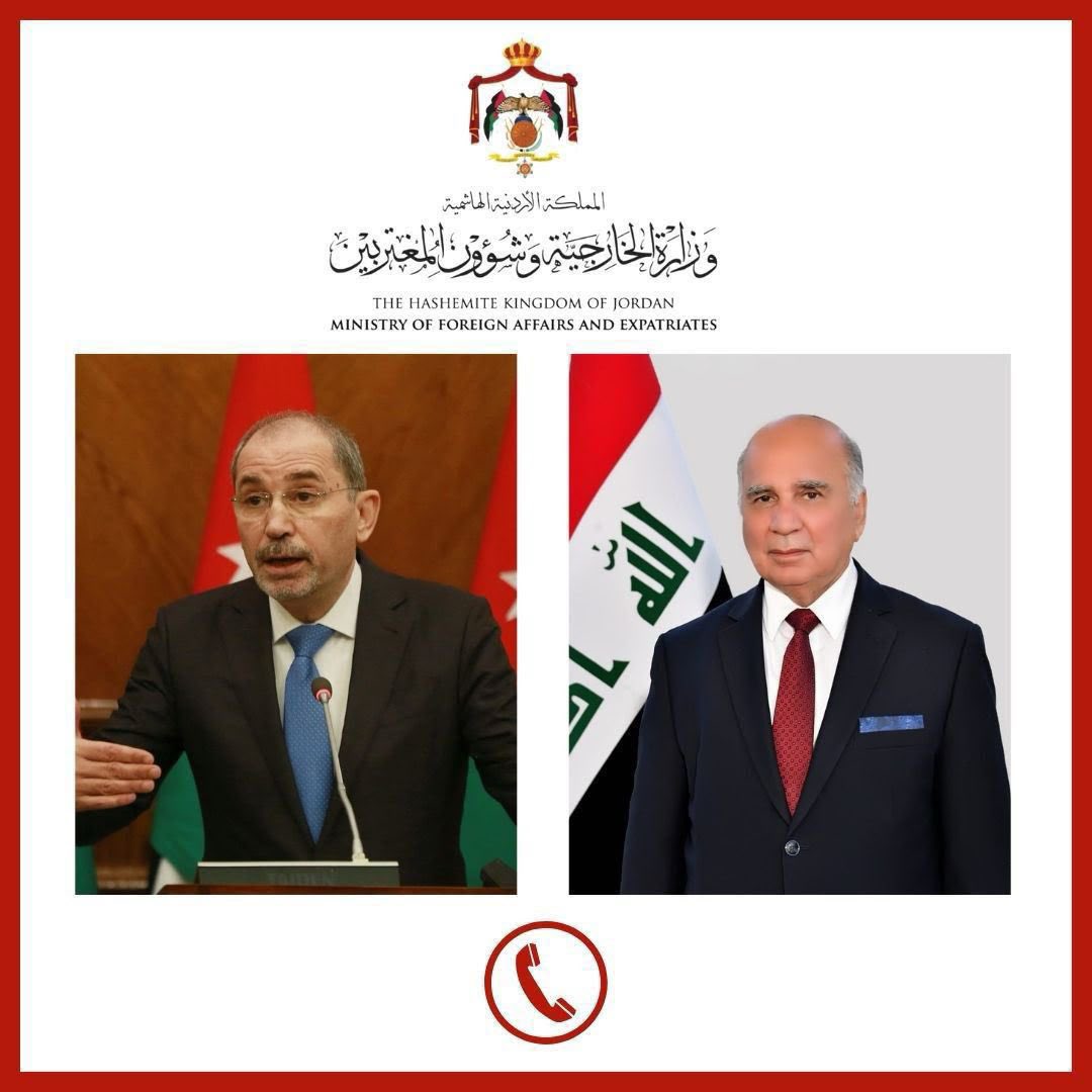ForeignMinistry's tweet photo. بحث نائب رئيس الوزراء ووزير الخارجية وشؤون المغتربين أيمن الصفدي @AymanHsafadi ونائب رئيس مجلس الوزراء وزير الخارجية في جمهورية العراق الشقيقة الدكتور فؤاد حسين @Fuad_Husseein اليوم سبل تعزيز العلاقات الأخوية بين البلدين، وتطورات الأوضاع في المنطقة. 

وأكّد الوزيران في اتصالٍ هاتفيٍّ أهمية الجهود المبذولة لإنهاء التصعيد الإقليمي واستعادة التهدئة. وشدّدا على أهمية التوصل لحل جذري للتصعيد الخطير الذي تشهده المنطقة على الأسس التي تضمن الأمن والاستقرار الدائمين واحترام القانون الدولي ومبادئ حسن الجوار. 

وهنّأ الصفدي نظيره العراقي على إعادة تعيينه نائبًا لرئيس الوزراء ووزيرًا للخارجية في الحكومة العراقية الجديدة.

#الأردن
#العراق