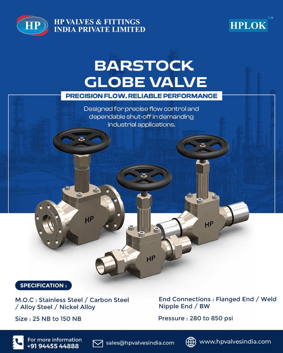 HPvalves2000's tweet photo. The HPLOK Barstock Globe Valve delivers accurate flow control and dependable shut-off for demanding industrial applications.
โ๏ธ 25 NB to 150 NB
โ๏ธ Up to 850 PSI
โ๏ธ SS / CS / Alloy Steel / Nickel Alloy
#HPLOK #HPValves #GlobeValve #IndustrialValves #FlowControl #Engineering https://t.co/DbWUyLSWKv