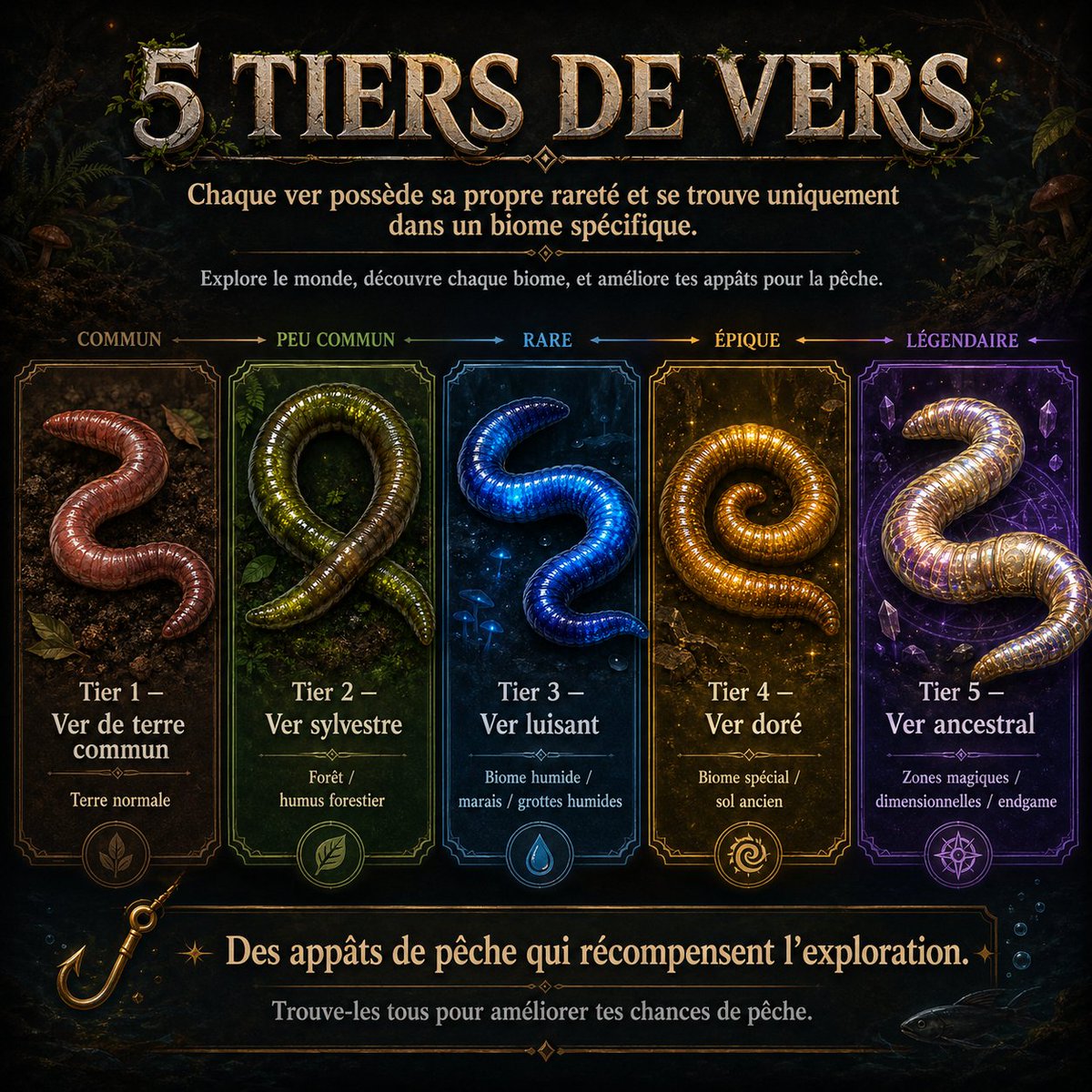 DragonSlayer875's tweet photo. Nouvelle feature pour Terryx 🪱🎣

Les vers peuvent désormais être obtenus en drop en minant de la terre.

Il existe 5 tiers de vers, chacun lié à une rareté et à des biomes spécifiques. Plus le ver est rare, plus il améliore tes chances de pêcher des poissons rares.

Ces poissons permettront ensuite de cuisiner des mets plus nourrissants, avec de meilleurs bonus.

Exploration → terre → vers rares → pêche → cuisine 🔥
Le monde devient un peu plus vivant à chaque ressource. #Terryx #IndieGame #SurvivalGame #UE5