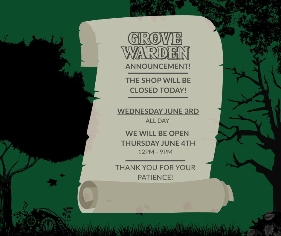GWardenGames's tweet photo. Heads up!
Grove Warden Games will be closed all day Wednesday, June 3 for maintenance &amp; inventory.
We’ll be back to normal hours (12–9 PM) on Thursday!
Thanks for your patience 💚 https://t.co/AUiSnTiMWk