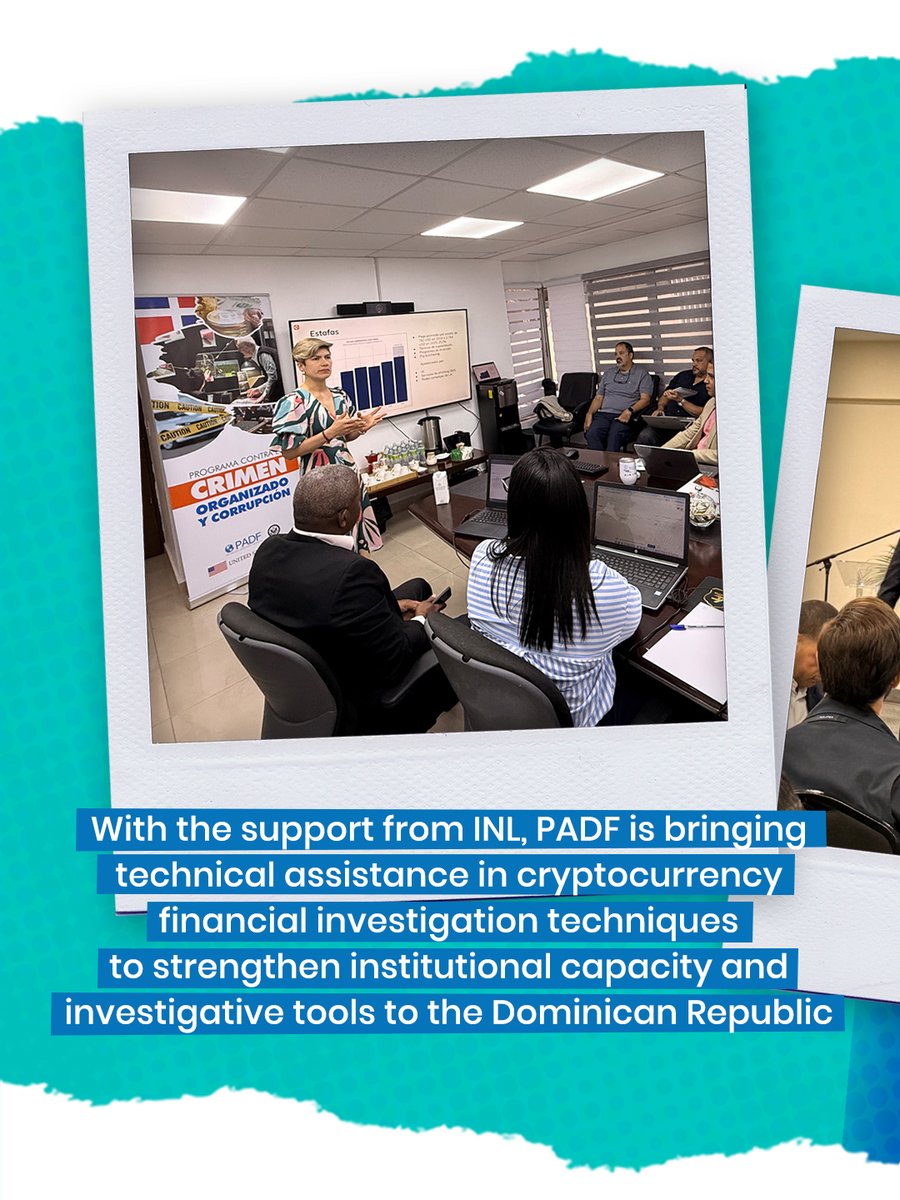 PADForg's tweet photo. Strengthening the fight against cross-border organized crime requires innovation and specialized expertise. Through the PADF-INL Program in the Dominican Republic, PADF is supporting technical assistance in cryptocurrency financial investigation techniques to strengthen institutional capacity and investigative tools. 
Delivered in coordination with @irsnews and @embajadausaenrd, this initiative brings together @procuraduriagralrd, @dncdrd, @policiard, @dgii.rd, @aduanas.rd, @uaf_rd, @superbancosrd, @tssdom, and the National Intelligence Directorate to advance stronger, intelligence-driven responses to financial crime and corruption.