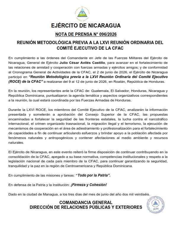 EjercitoNic's tweet photo. #NOTADEPRENSA | El @EjercitoNic participó en “Reunión Metodológica previa a la LXVI Reunión Ordinaria del Comité Ejecutivo (ROCE) de la #CFAC” a realizarse del 9 al 12 de junio de 2026, en Roatán, República de #Honduras. #TodoPorLaPatria https://t.co/LFkrdO5VJ0