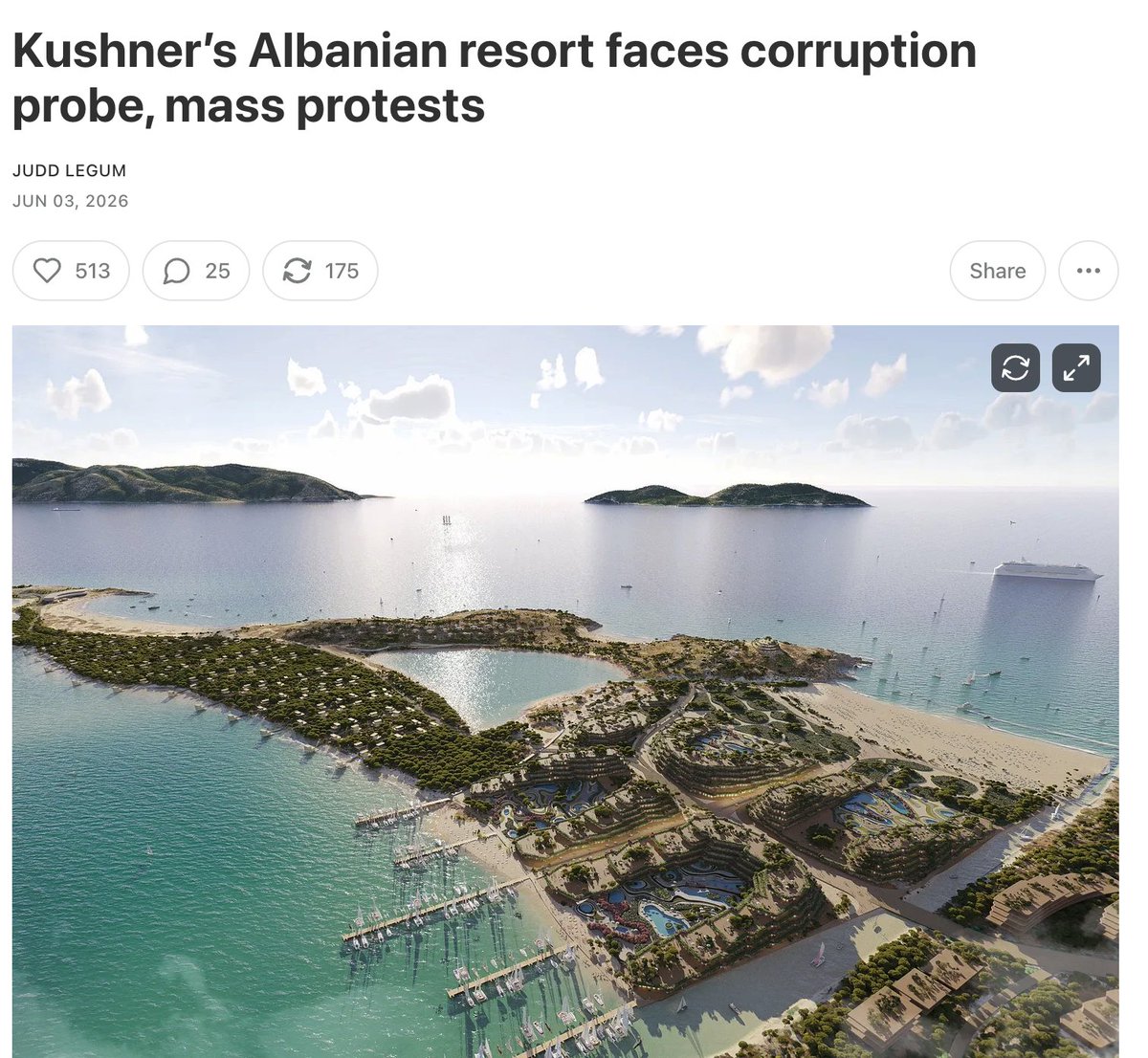 TheTNHoller's tweet photo. .@JuddLegum on Kushner/Ivanka's luxury island project facing protests: "A report found it involved a network of shady individuals- businessman accused of Italian mafia links, judge who resigned, company of a murdered businessman, links to an Albanian oligarch..." https://t.co/VRc7RZZyHl