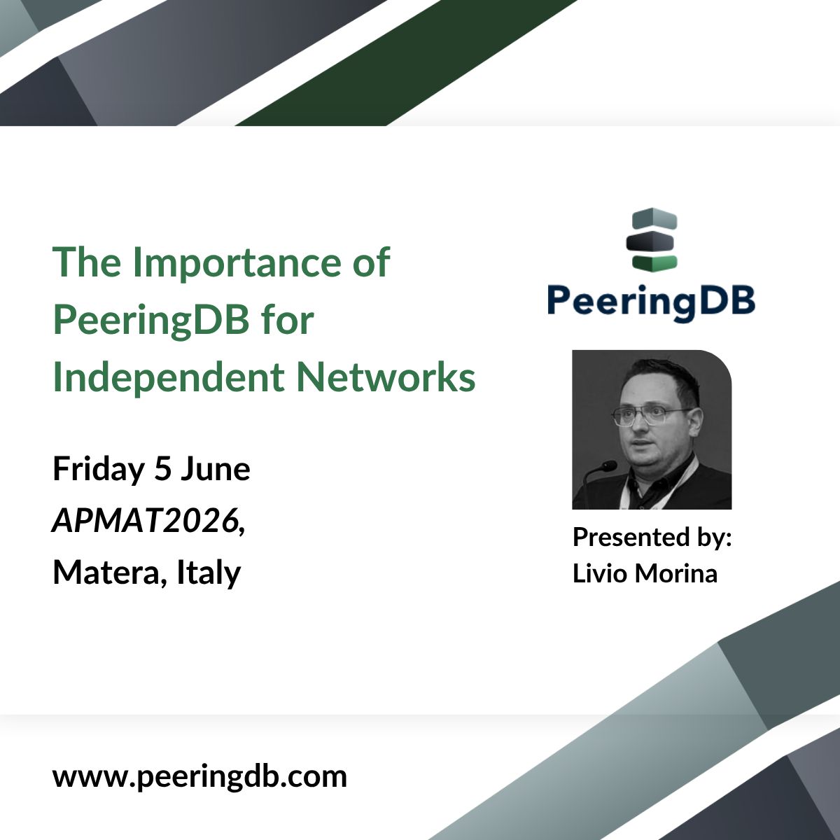 PeeringDB's tweet photo. Livio Morina will be attending #APMAT2026 this week, the annual event organised by ASSOPROVIDERS, the Italian association representing small and regional ISPs.

Wishing all organisers and attendees a productive event! 

#PeeringDB #Peering #ISPs #Networks #ASN #RPKI https://t.co/SgQ8usMuJ2