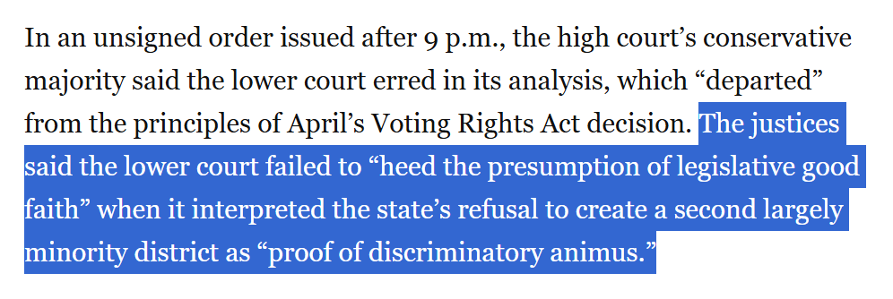 SeanCasten's tweet photo. (1) Shelby: SCOTUS says that Congress no longer has pre-clearance authority for jurisdictions w/ legacy of racial discrimination. (2) Allen v Milligan: SCOTUS then says AL discriminated when designing their map (3) Yesterday: SCOTUS says we should assume good faith on part of AL. https://t.co/KBwdRXzIQ8