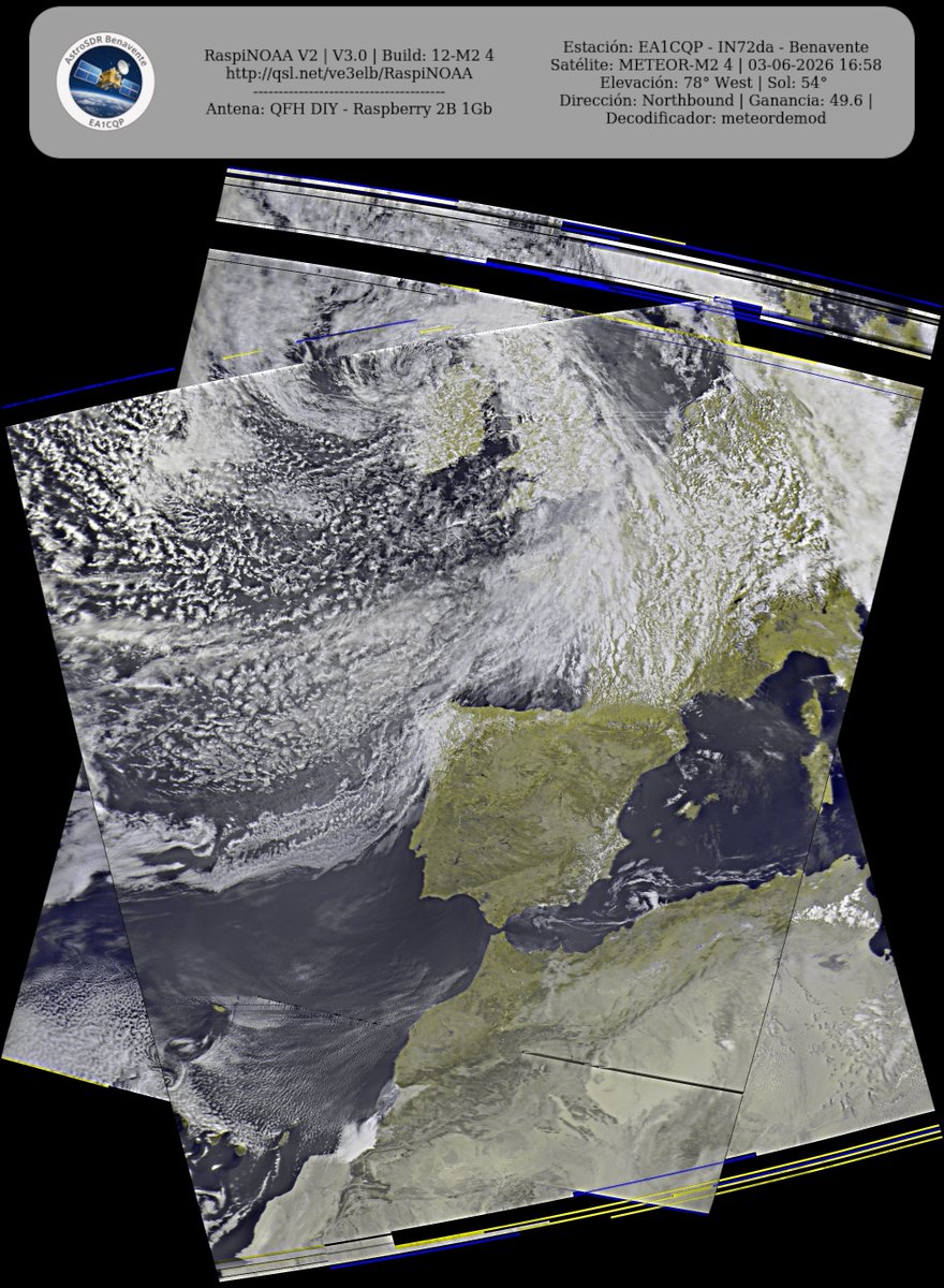 monforra's tweet photo. Ground Station: EA1CQP - IN72da - Benavente METEOR-M2 4 03-06-2026 16:38 CEST  Max Elev: 78° W Sun Elevation: 54° Gain: 49.6 | Northbound

#NOAA #MeteorM2_3 #MeteorM2_4 #weather #weathersats #APT #LRPT #wxtoimg #MeteorDemod #rtlsdr #gpredict #raspberrypi https://t.co/N3NyZRhYuy