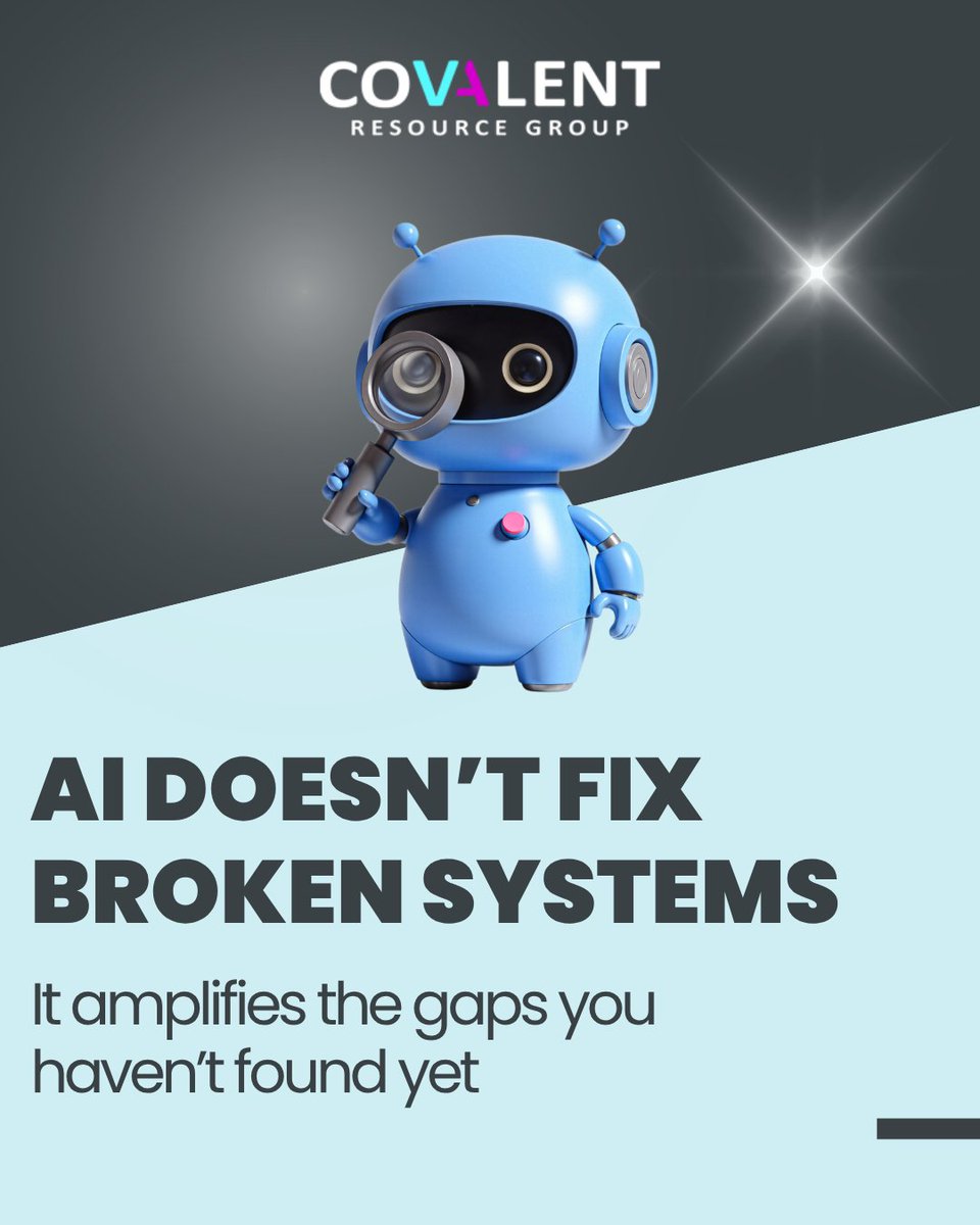 CovalentRG's tweet photo. AI doesn’t fix broken systems — it amplifies them.
Disconnected data, inconsistent workflows, siloed teams, and manual reporting create friction before the tool ever launches.
Find the gaps first.
🔗 https://t.co/1EfOtPOQmd
#AIStrategy #CRGTech https://t.co/MW99Kt7oNT