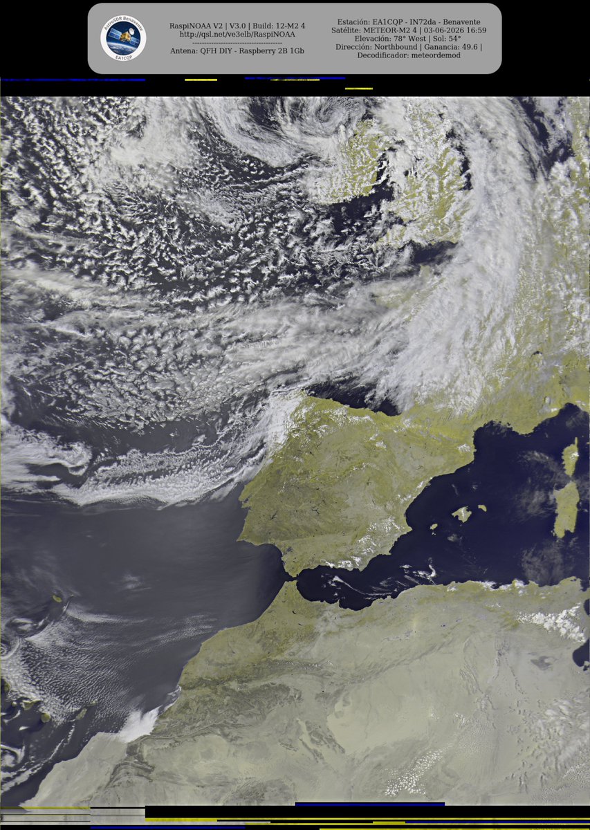 monforra's tweet photo. Ground Station: EA1CQP - IN72da - Benavente METEOR-M2 4 03-06-2026 16:38 CEST  Max Elev: 78° W Sun Elevation: 54° Gain: 49.6 | Northbound

#NOAA #MeteorM2_3 #MeteorM2_4 #weather #weathersats #APT #LRPT #wxtoimg #MeteorDemod #rtlsdr #gpredict #raspberrypi https://t.co/N3NyZRhYuy