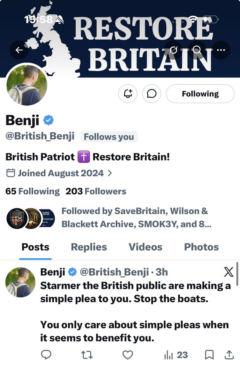 Awrcrypto's tweet photo. Another @RestoreBritain_ patriot on 203 followers, please give @British_Benji a follow and welcome into this great community 🫡🇬🇧 https://t.co/x7JcPYpvBx